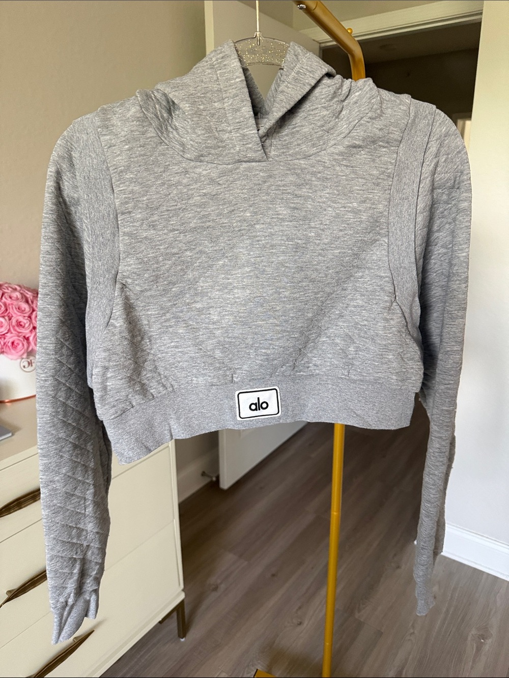 ALO Yoga Light Gray Quilted Sleeve Cropped Hoodie